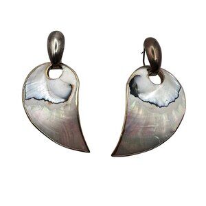 Mother Of Pearl Reversible Omega Back Earrings Abalone Gold Tone Statement Vtg